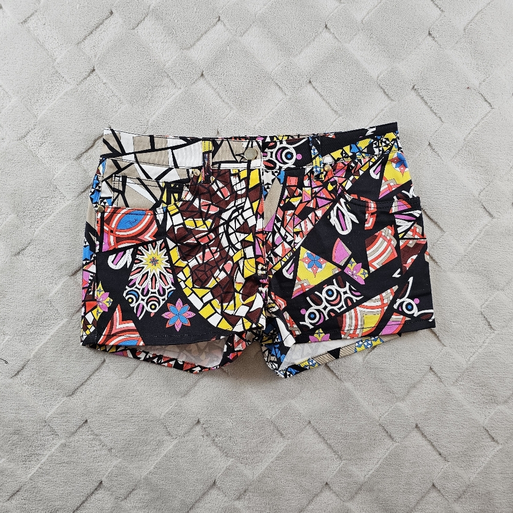 Emilio Pucci Black Multicolor Mosaic Print Denim Shorts